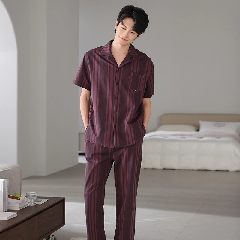 夏芬妍 简约时尚大方柔软舒适条纹翻领家居服亲肤休闲短袖长裤可外穿睡衣套装 男款 砖红色