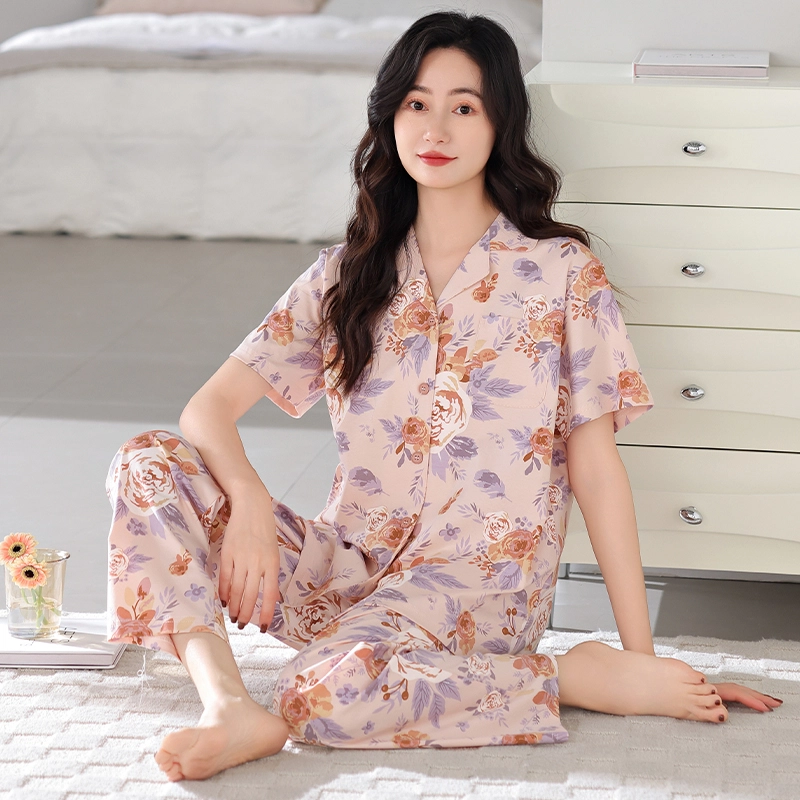 夏芬妍 简约时尚柔软舒适花卉满印翻领家居服亲肤休闲短袖长裤可外穿睡衣套装 女款 粉色
