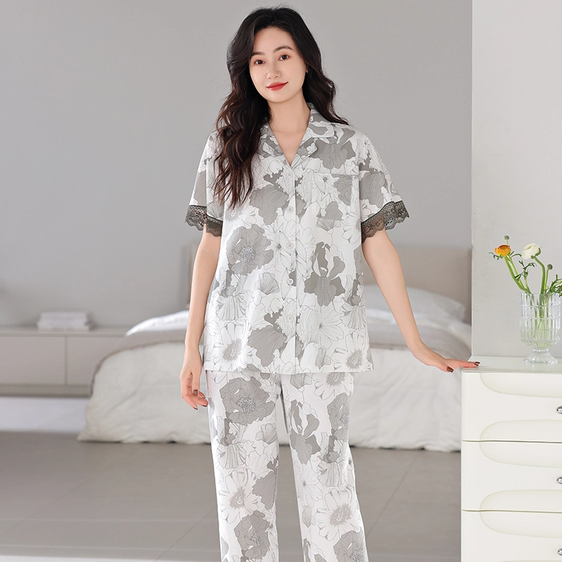 夏芬妍 简约时尚柔软舒适花卉满印翻领家居服亲肤休闲短袖长裤可外穿睡衣套装 女款 灰色