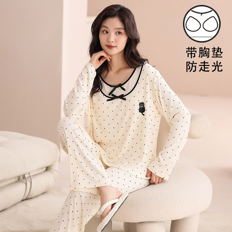 夏芬妍 时尚舒适柔软甜美假两件波点小猫带胸垫家居服简约休闲亲肤宽松长袖长裤可外穿睡衣套装 女款 杏色