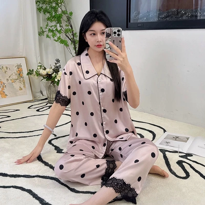 夏芬妍 甜美休闲高级感波点蕾丝冰丝翻领家居服舒适亲肤宽松短袖三件套可外穿睡衣套装 女款 粉色