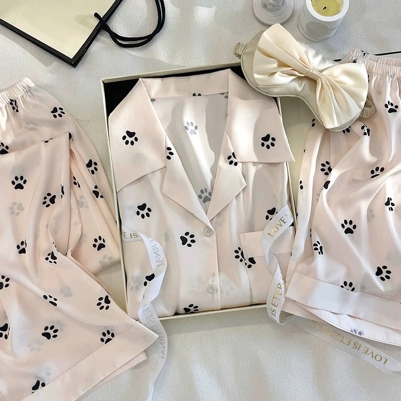 夏芬妍 简约高级感猫咪小爪冰雪丝翻领家居服舒适亲肤宽松短袖三件套可外穿睡衣套装 女款