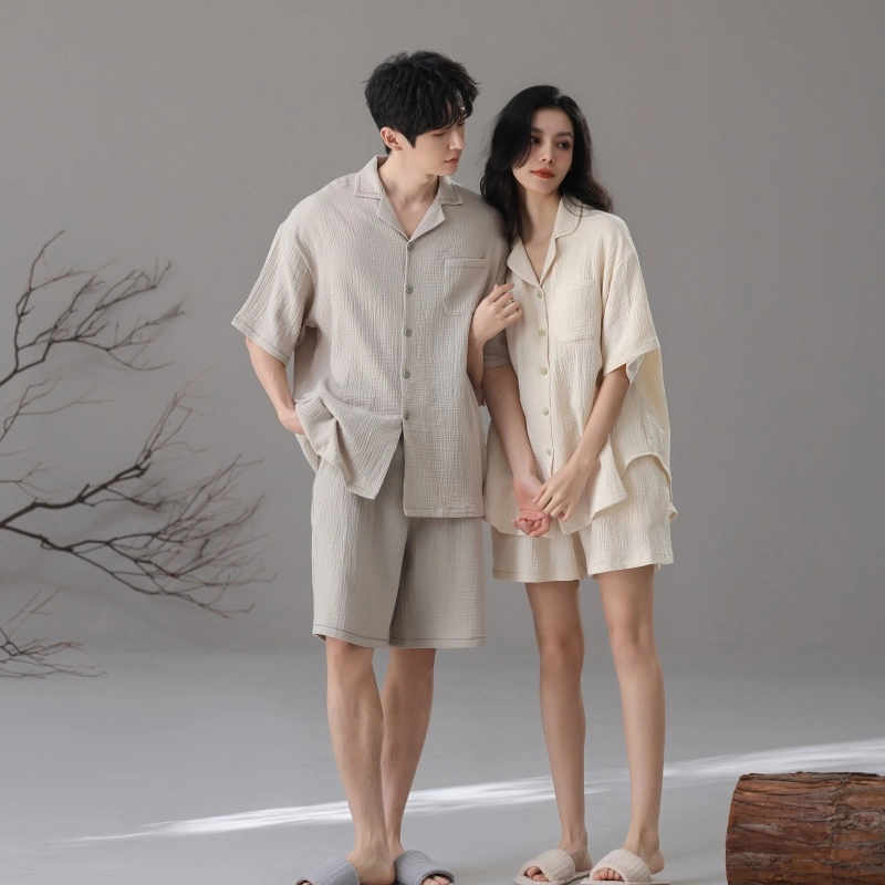 夏芬妍 简约轻盈柔软舒适纯色翻领家居服休闲亲肤短袖可外穿睡衣套装 男女同款