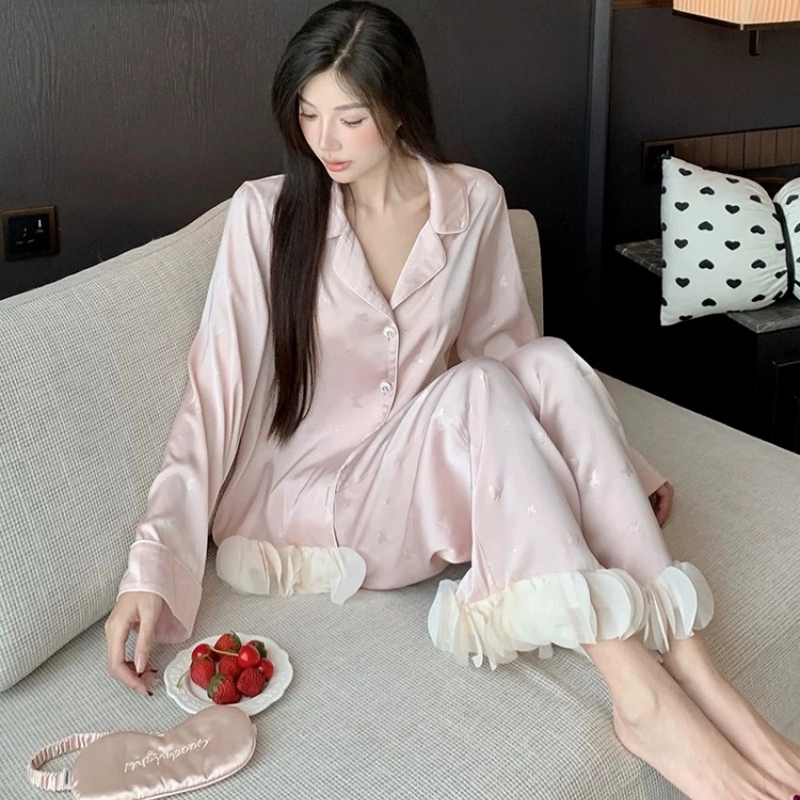 夏芬妍  高级感甜美风蝴蝶提花舒适凉感翻领家居服长袖长裤花瓣边可外穿睡衣套装 女款