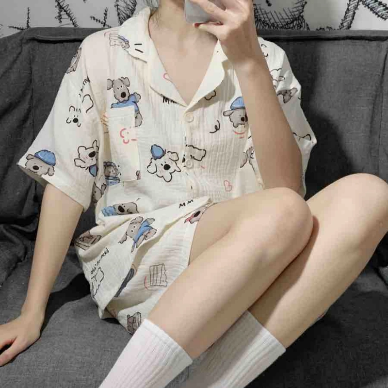 夏芬妍 甜美休闲舒适时尚萌趣小狗双层棉纱翻领家居服亲肤宽松短袖短裤可外穿睡衣套装 女款 杏色