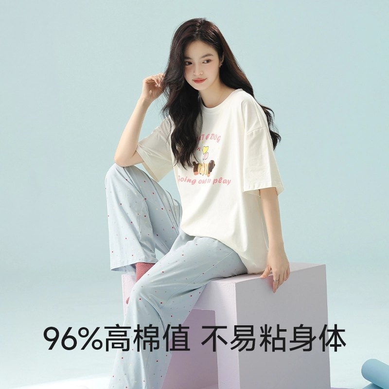 夏芬妍 柔软舒适透气亲肤俏皮小狗圆领家居服休闲宽松凉感短袖长裤时尚可外穿睡衣套装 女款 蓝色