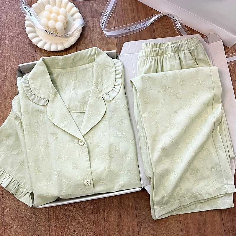 夏芬妍 甜美纯色花朵木耳边翻领家居服亲肤休闲短袖长裤时尚可外穿睡衣套装 女款 绿色