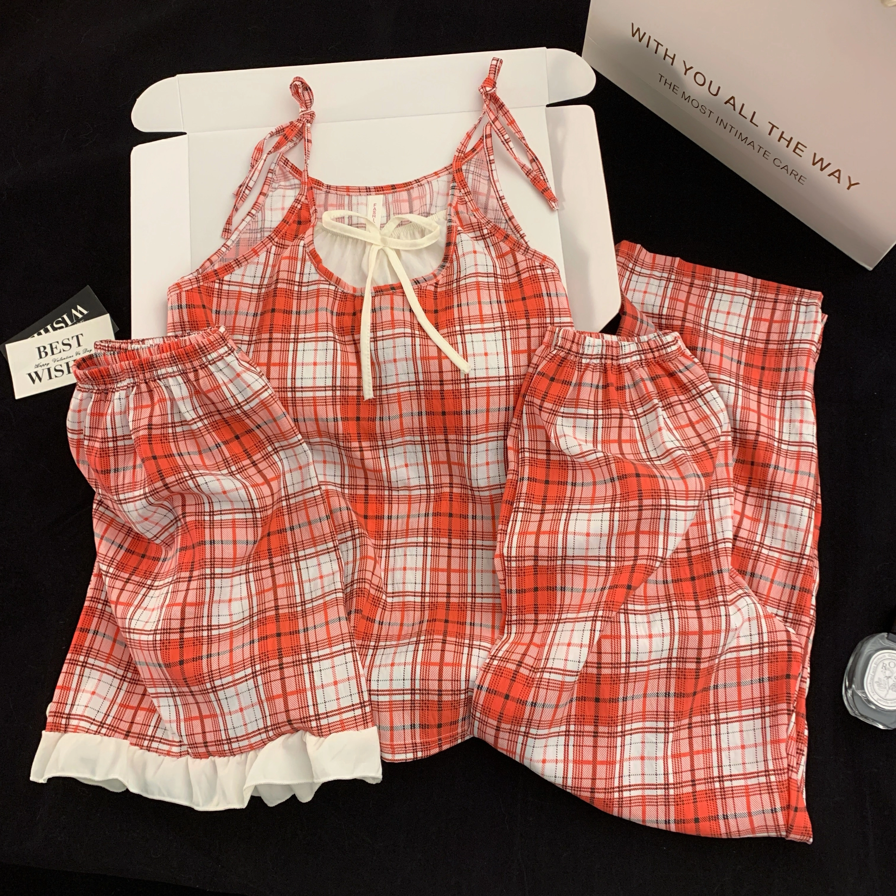 夏芬妍 甜美少女风复古格子吊带家居服舒适柔软休闲带胸垫三件套可外穿睡衣套装 女款