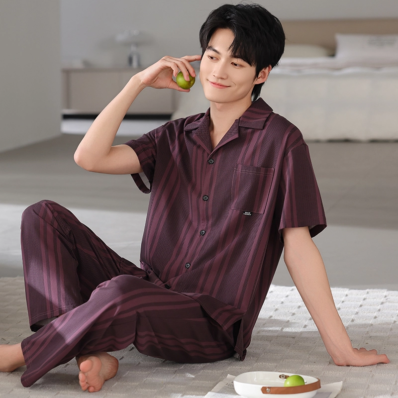夏芬妍 简约时尚大方柔软舒适条纹翻领家居服亲肤休闲短袖长裤可外穿睡衣套装 男款 砖红色