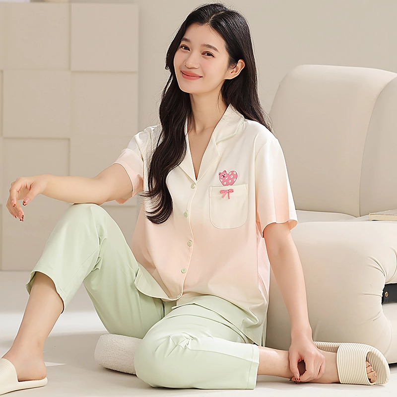 夏芬妍 时尚柔软亲肤爱心渐变色翻领开衫家居服简约休闲舒适短袖长裤可外穿睡衣套装 女款 渐变绿
