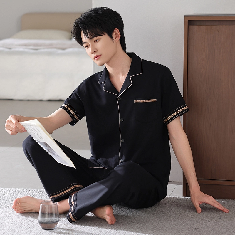 夏芬妍 简约时尚大方柔软舒适纯色字母边翻领家居服亲肤休闲短袖长裤可外穿睡衣套装 男款