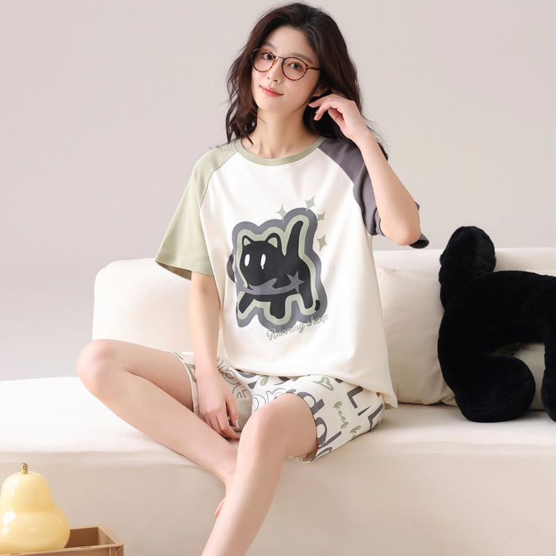 夏芬妍 柔软字母黑猫翻领家居服休闲舒适短袖短裤时尚可外穿睡衣套装 男女同款