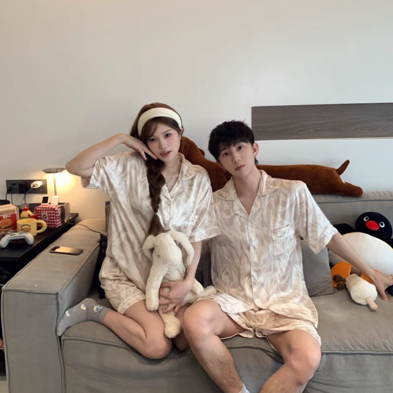 夏芬妍 休闲晕染冰丝翻领舒适亲肤宽松凉感短袖短裤时尚简约可外穿家居服睡衣套装 男女同款