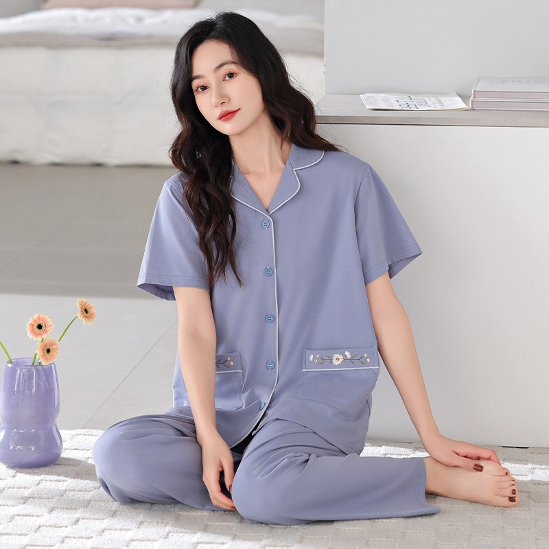 夏芬妍 简约时尚柔软舒适纯色气质绣花翻领家居服亲肤休闲短袖长裤可外穿睡衣套装 女款