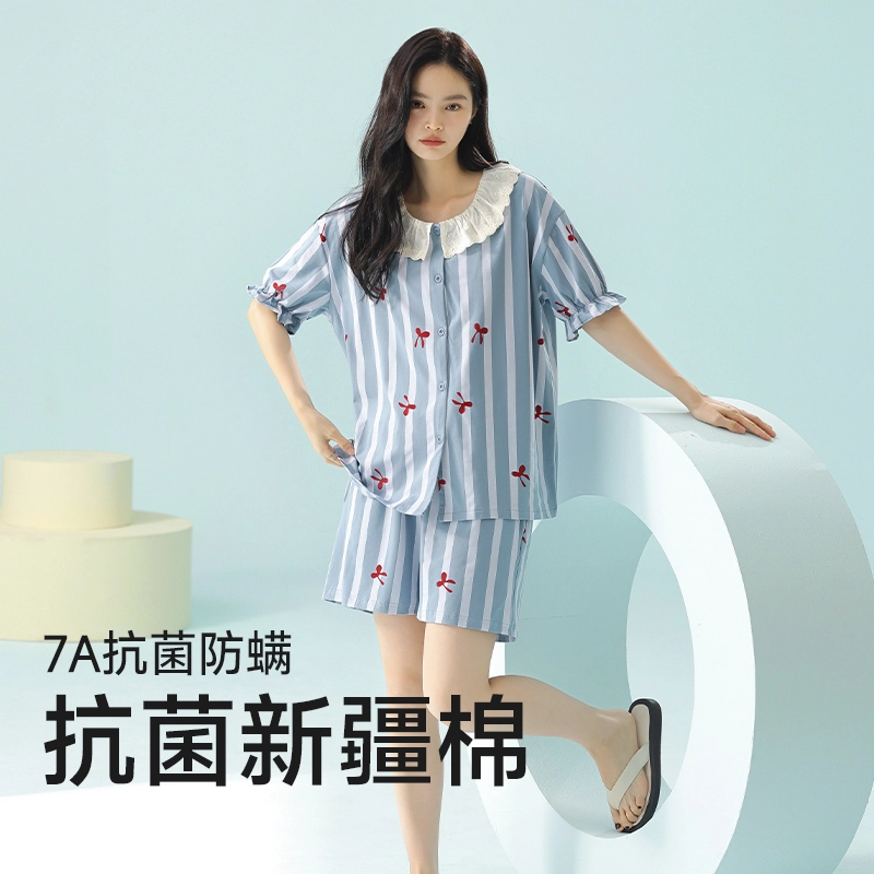 夏芬妍 柔软舒适透气翻领亲肤条纹家居服休闲短袖上衣可外穿三分裤睡衣套装 女款 蓝色