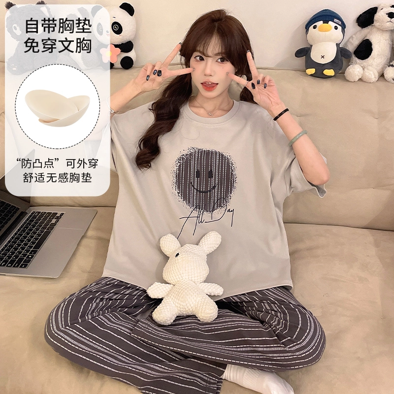 夏芬妍 柔软舒适休闲圆领条纹笑脸带胸垫短袖长裤时尚可外穿家居服睡衣套装 女款 灰色