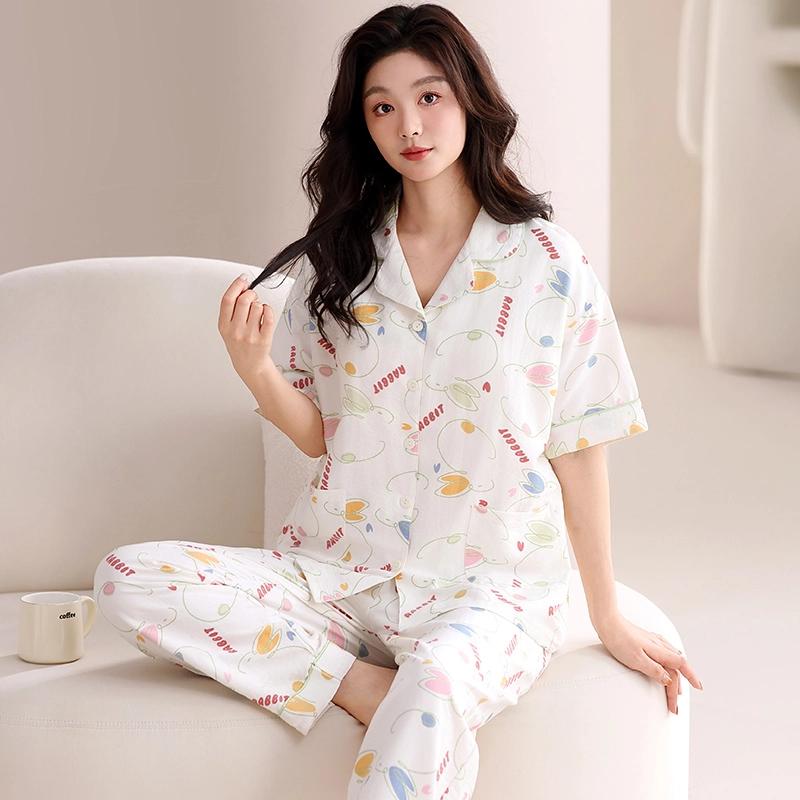 夏芬妍 甜美可爱缤纷兔子云朵棉舒适亲肤宽松凉感短袖三件套时尚翻领带胸垫可外穿家居服睡衣套装 女款 杏色
