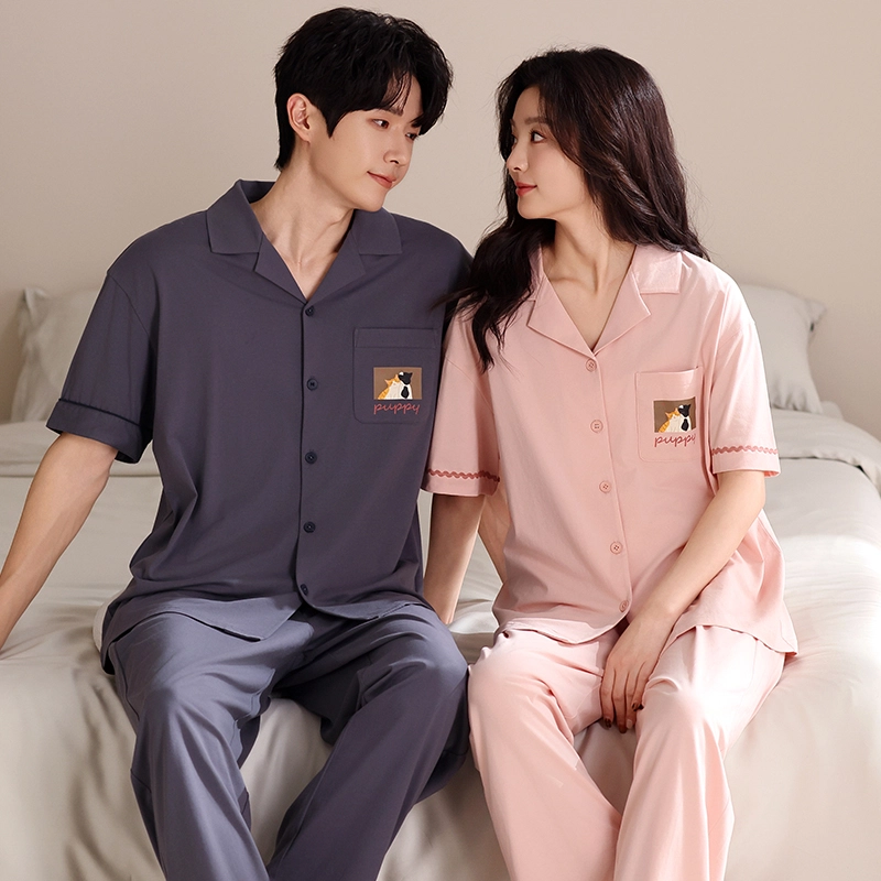 夏芬妍 简约时尚柔软舒适纯色可爱猫咪翻领家居服亲肤休闲短袖长裤可外穿睡衣套装 男女同款