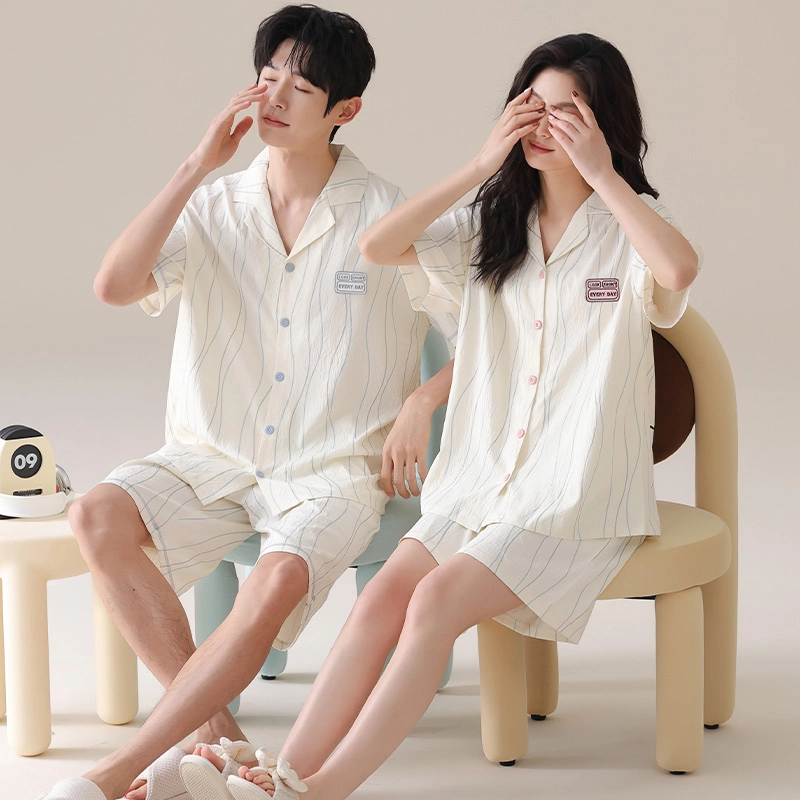夏芬妍 简约休闲简约条纹云朵棉翻领舒适亲肤宽松短袖短裤时尚可外穿家居服睡衣套装 男女同款 杏色