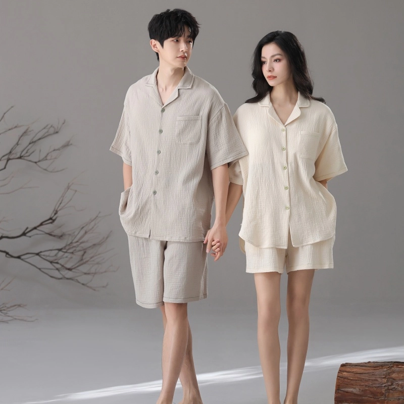 夏芬妍 简约轻盈柔软舒适纯色翻领家居服休闲亲肤短袖可外穿睡衣套装 男女同款