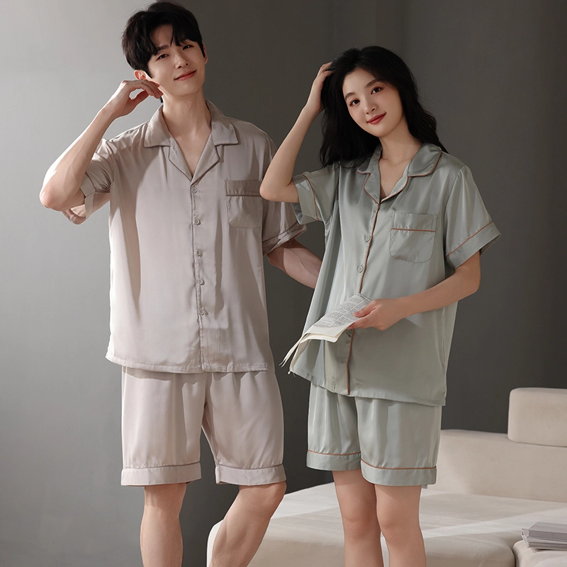 夏芬妍 简约高级感舒适凉感纯色缎面冰雪丝翻领家居服亲肤休闲短袖短裤时尚可外穿夏季薄款睡衣套装 男女同款