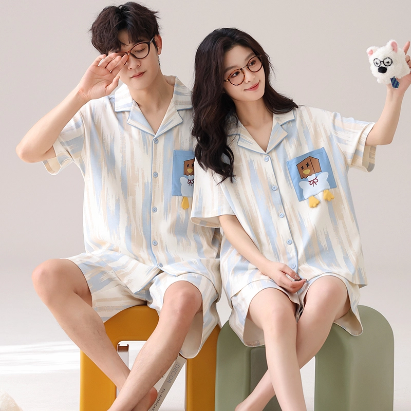 夏芬妍 柔软舒适卡通小鸭纯棉翻领家居服休闲舒适短袖时尚可外穿睡衣套装 男女同款