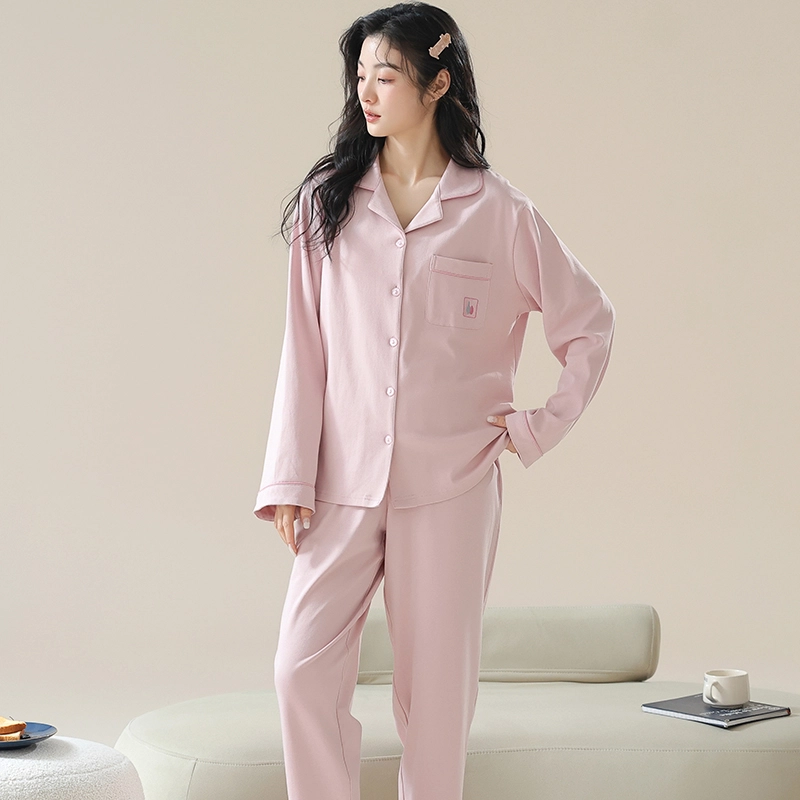 夏芬妍 时尚休闲舒适纯色贴袋翻领家居服亲肤宽松长袖长裤可外穿春秋款睡衣套装 女款 粉色