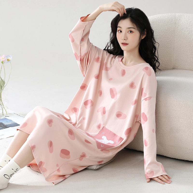 夏芬妍 舒适柔软不规则色块贴袋带胸垫圆领家居服亲肤休闲长袖可外穿中长款睡衣礼盒 女款 粉色