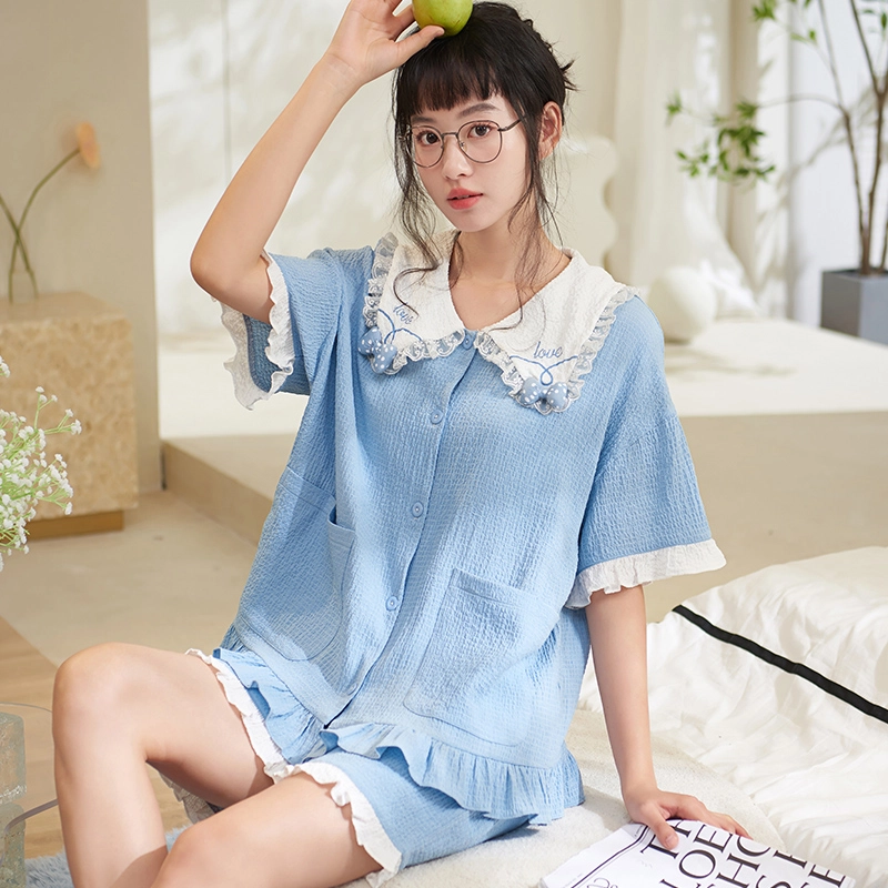 夏芬妍 甜美柔软舒适花边云朵棉公主翻领家居服亲肤休闲短袖短裤可外穿睡衣套装 女款 蓝色