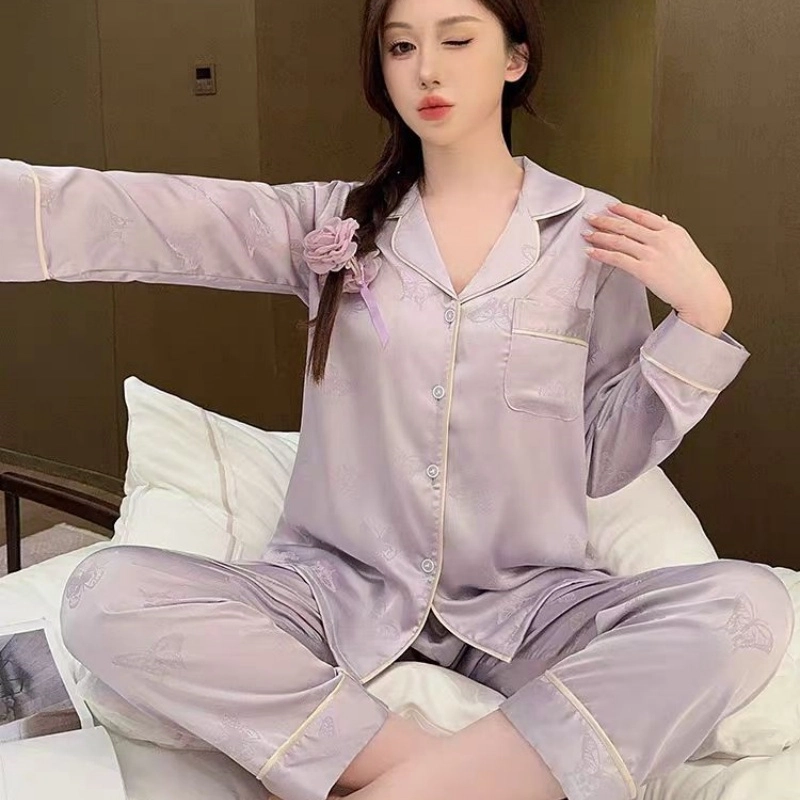 夏芬妍 简约休闲高级感翻领家居服舒适亲肤长袖长裤可外穿睡衣套装 女款 紫色