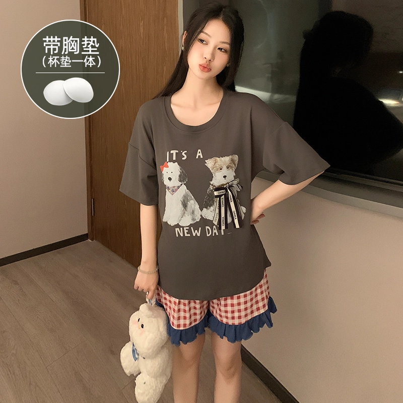 夏芬妍 柔软舒适甜美两只小狗冰丝螺纹家居服亲肤休闲带胸垫短袖短裤时尚可外穿睡衣套装 女款 棕色