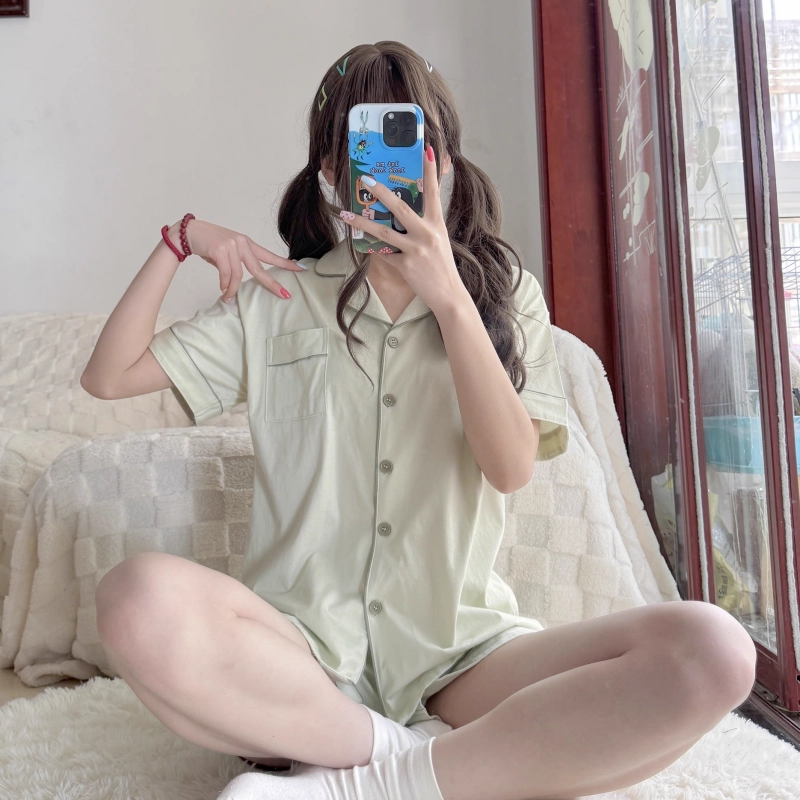 夏芬妍 简约休闲舒适时尚纯色纯棉翻领家居服亲肤宽松短袖短裤可外穿睡衣套装 女款