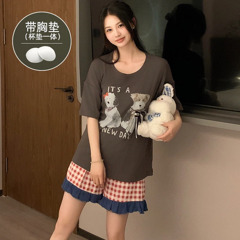 夏芬妍 柔软舒适甜美两只小狗冰丝螺纹家居服亲肤休闲带胸垫短袖短裤时尚可外穿睡衣套装 女款 棕色