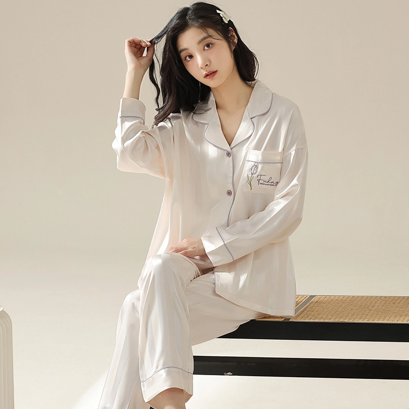 夏芬妍 简约休闲高级感条纹郁金香冰丝家居服舒适亲肤宽松长袖长裤可外穿睡衣套装 女款 米色