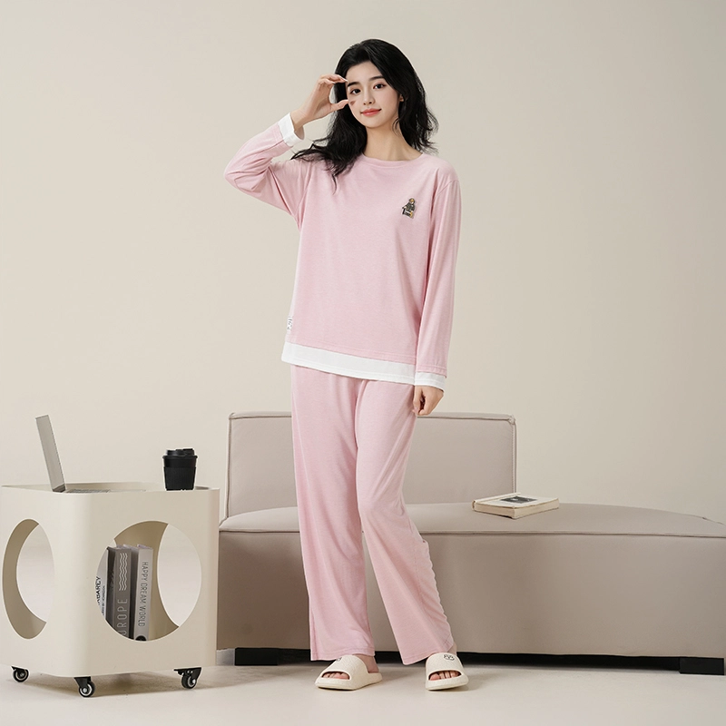夏芬妍 简约柔软舒适透气亲肤纯色假两件圆领家居服休闲宽松长袖长裤带胸垫可外穿睡衣套装 女款 粉色