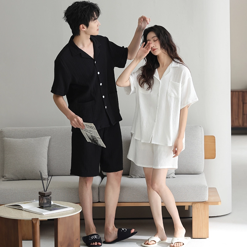 夏芬妍 休闲舒适纯色双层纱婴儿棉翻领开衫家居服柔软亲肤时尚可外穿短袖短裤睡衣套装 男女同款
