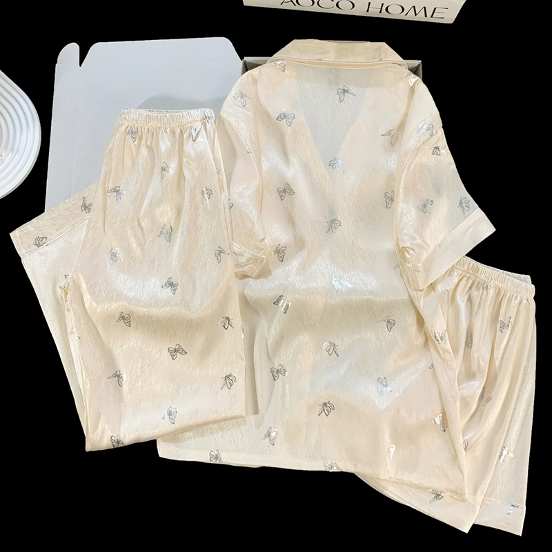 夏芬妍 简约休闲高级感蝴蝶冰丝翻领带胸垫家居服舒适亲肤宽松短袖三件套可外穿睡衣套装 女款 杏色