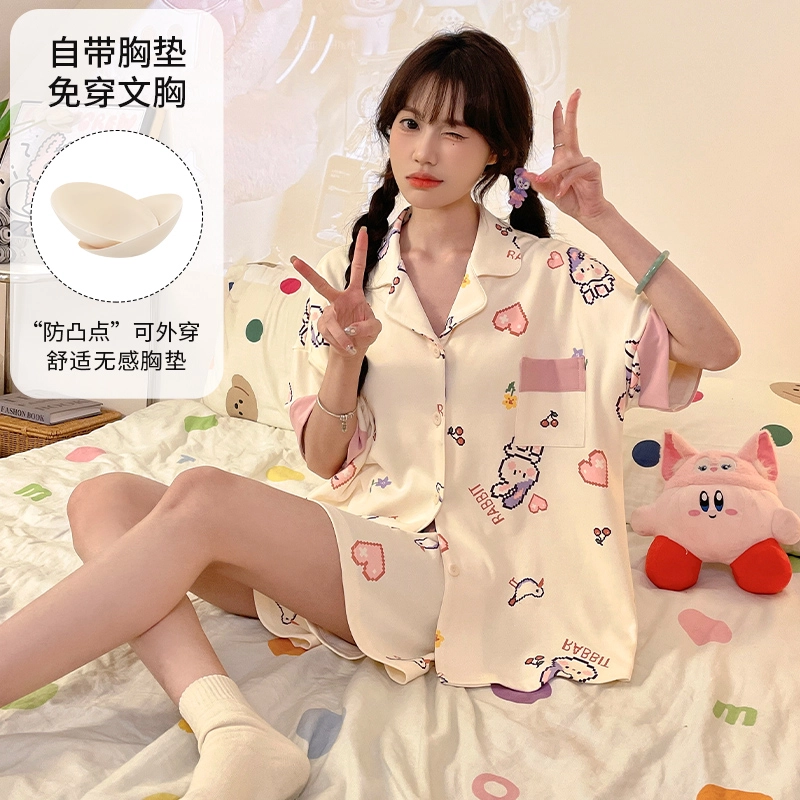 夏芬妍 柔软舒适卡通爱心兔子翻领开衫家居服亲肤短袖短裤休闲带胸垫可外穿睡衣套装 女款