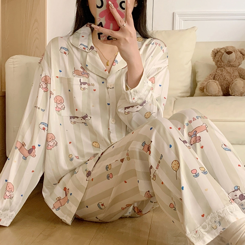 夏芬妍 甜美休闲舒适条纹派对小狗冰丝家居服亲肤宽松长袖长裤时尚可外穿睡衣套装 女款
