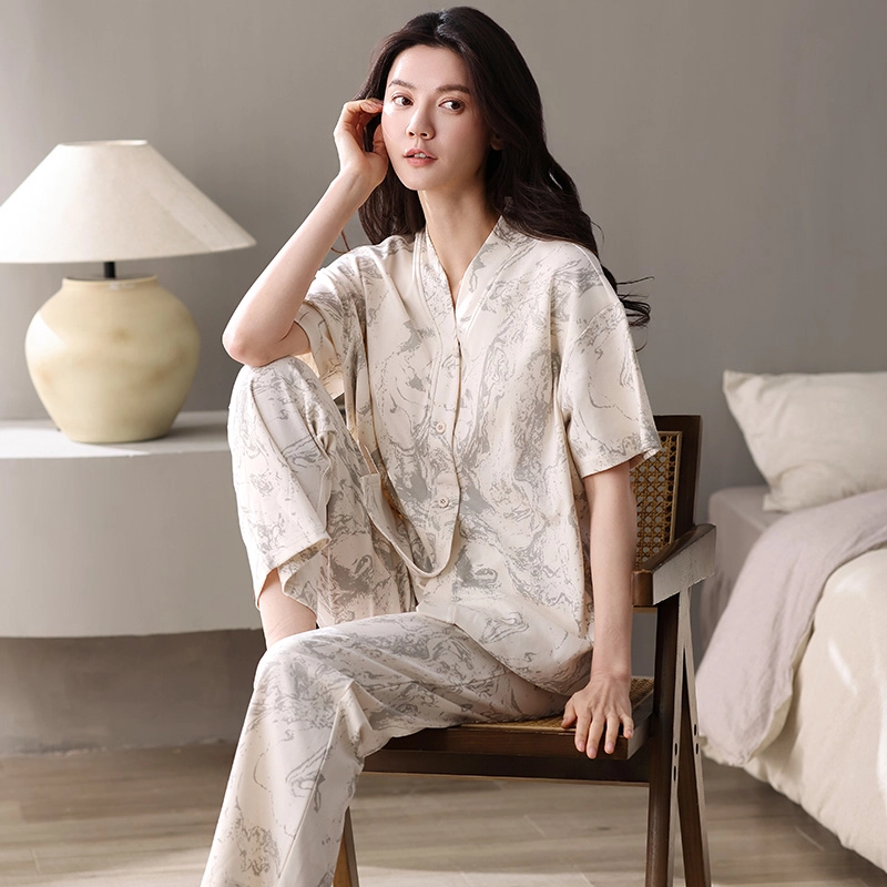 夏芬妍 时尚简约亲肤水墨风纯棉带胸垫开衫家居服舒适休闲短袖和服三件套可外穿睡衣套装 女款 浅灰色