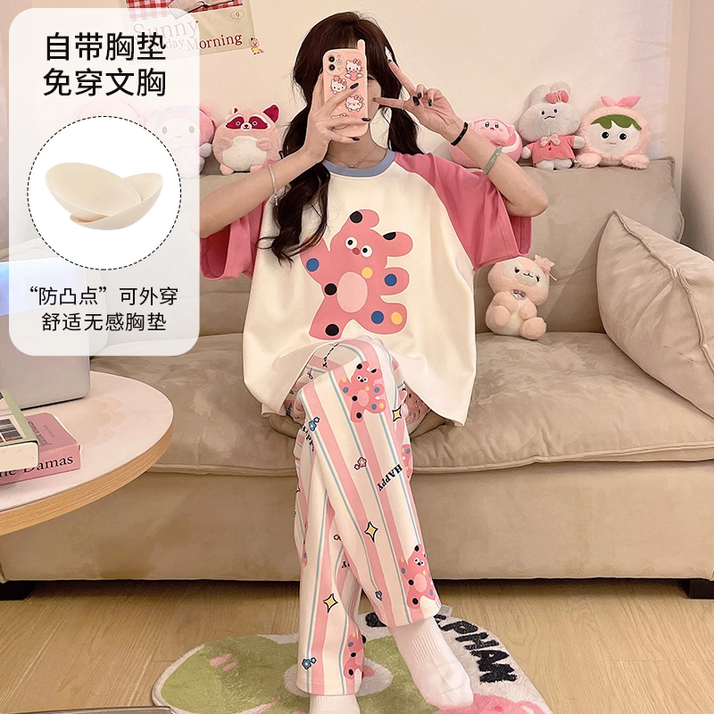 夏芬妍 柔软舒适休闲圆领条纹卡通带胸垫短袖长裤时尚可外穿家居服睡衣套装 女款 粉色