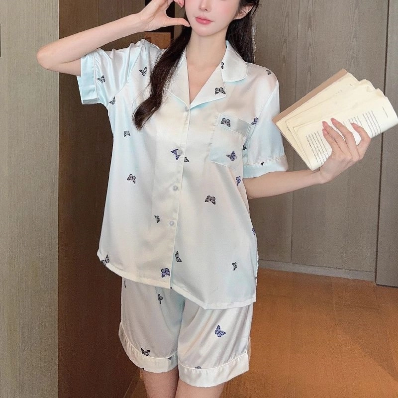 夏芬妍 裸感丝滑舒适柔软蝴蝶翻领冰丝短袖三件套简约可外穿家居服睡衣套装 女款 碎冰蓝