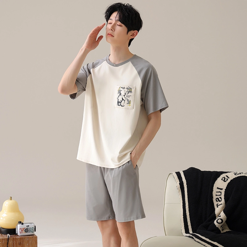 夏芬妍 亲肤舒适小熊贴袋纯棉圆领家居服柔软休闲短袖短裤时尚可外穿睡衣套装 男款 杏色