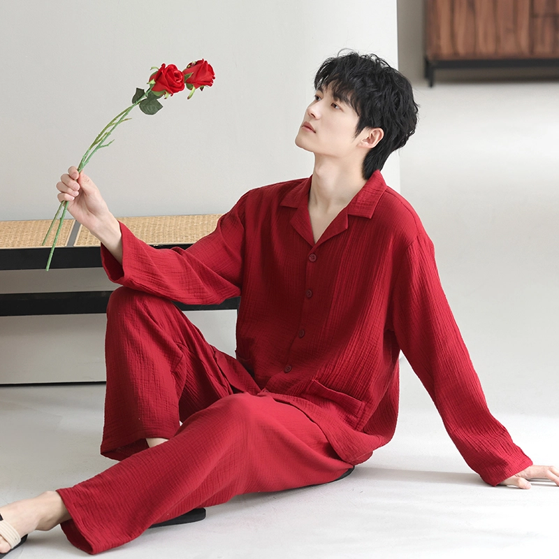 夏芬妍 休闲舒适纯色双层纱婴儿棉翻领开衫家居服柔软亲肤可外穿长袖长裤睡衣套装 男款 红色