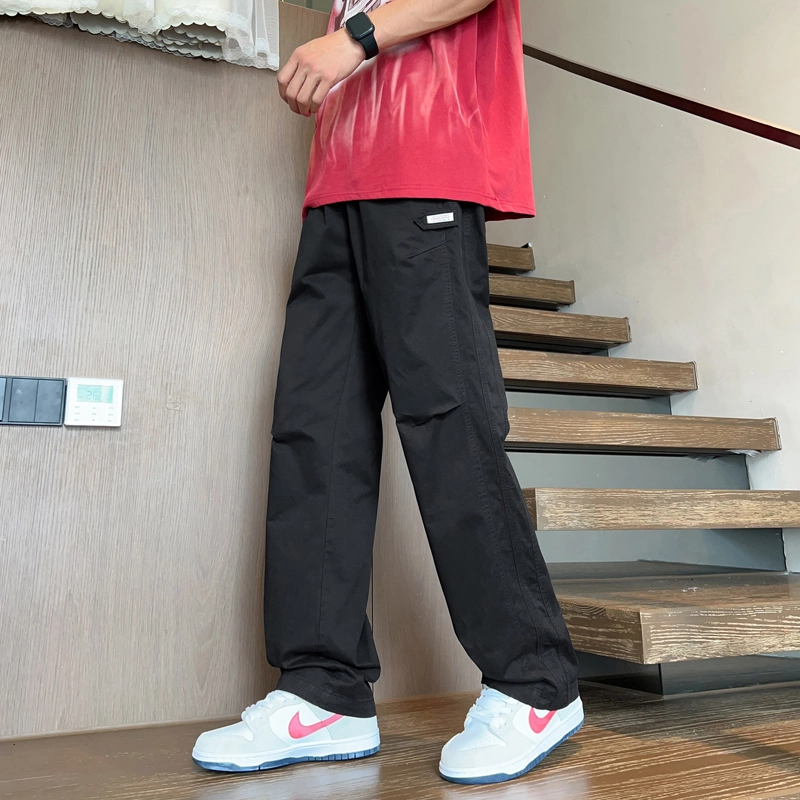 潮人榜 夏季美式高街工装宽松直筒长裤子潮牌百搭折皱设计感通勤简约阔腿高级休闲裤 男女同款