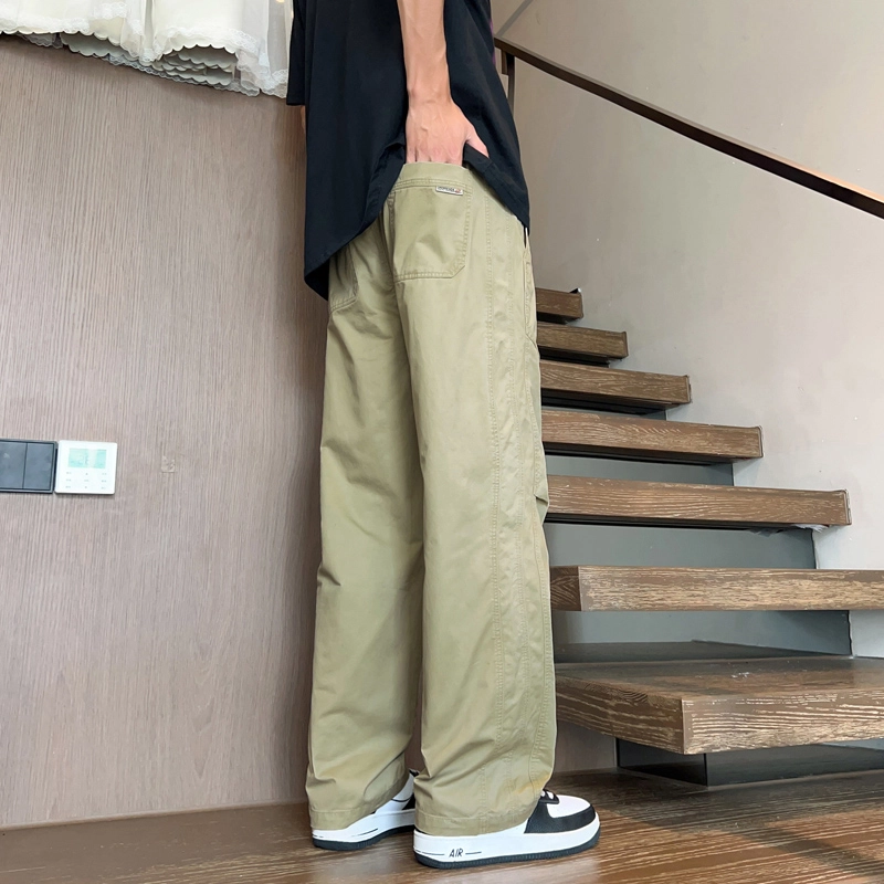 潮人榜 夏季美式高街工装宽松直筒长裤子潮牌百搭折皱设计感通勤简约阔腿高级休闲裤 男女同款