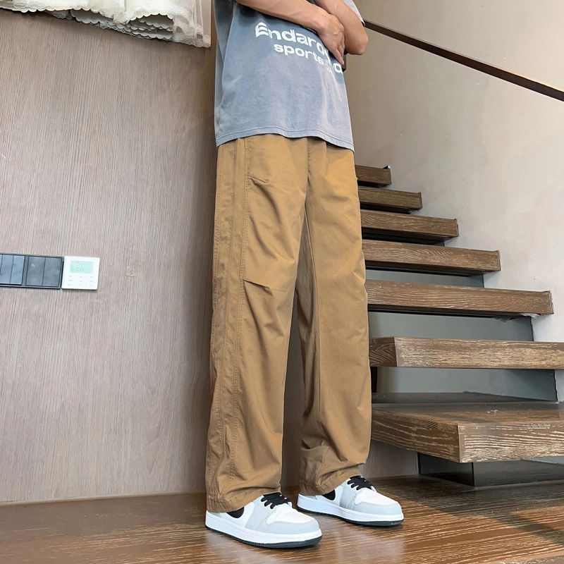 潮人榜 夏季美式高街工装宽松直筒长裤子潮牌百搭折皱设计感通勤简约阔腿高级休闲裤 男女同款