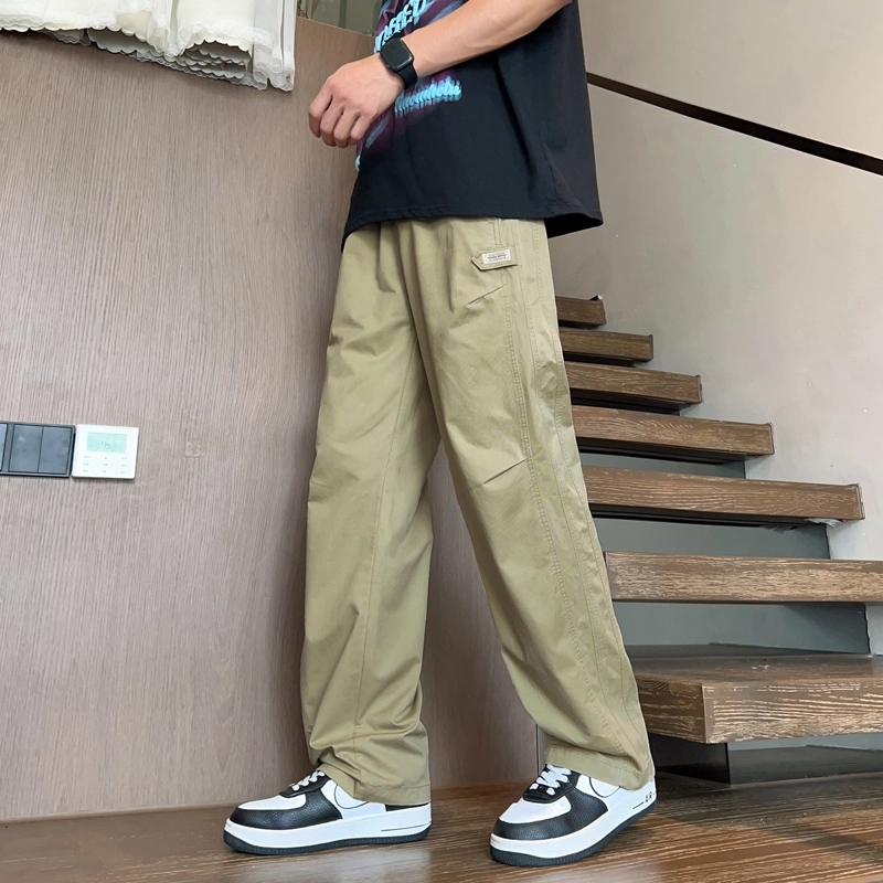 潮人榜 夏季美式高街工装宽松直筒长裤子潮牌百搭折皱设计感通勤简约阔腿高级休闲裤 男女同款