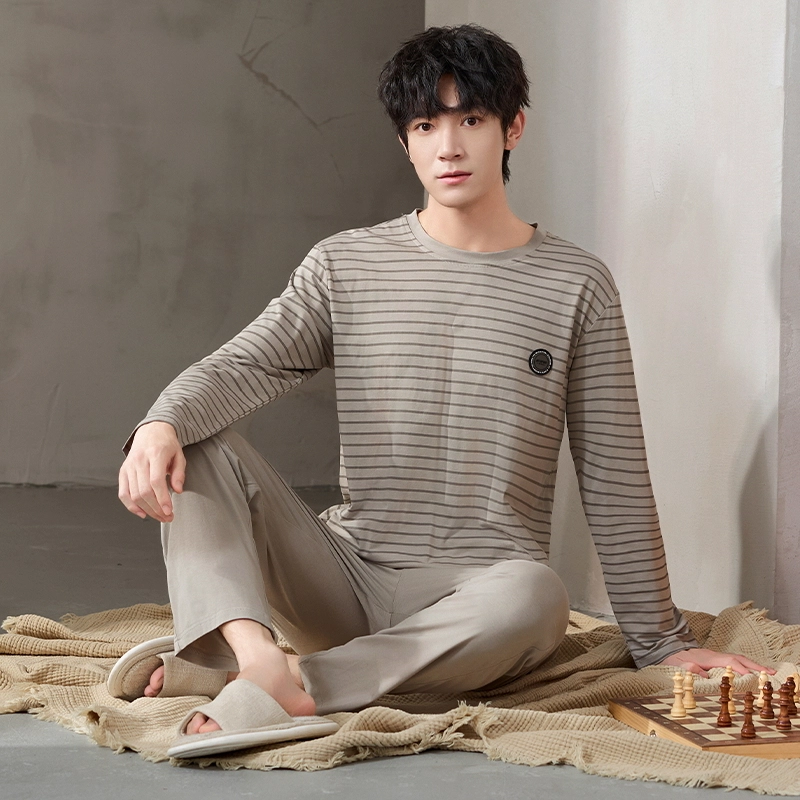 顶瓜瓜 条纹图案圆领设计纯棉面料亲肤舒适可外穿家居服睡衣套装 男款