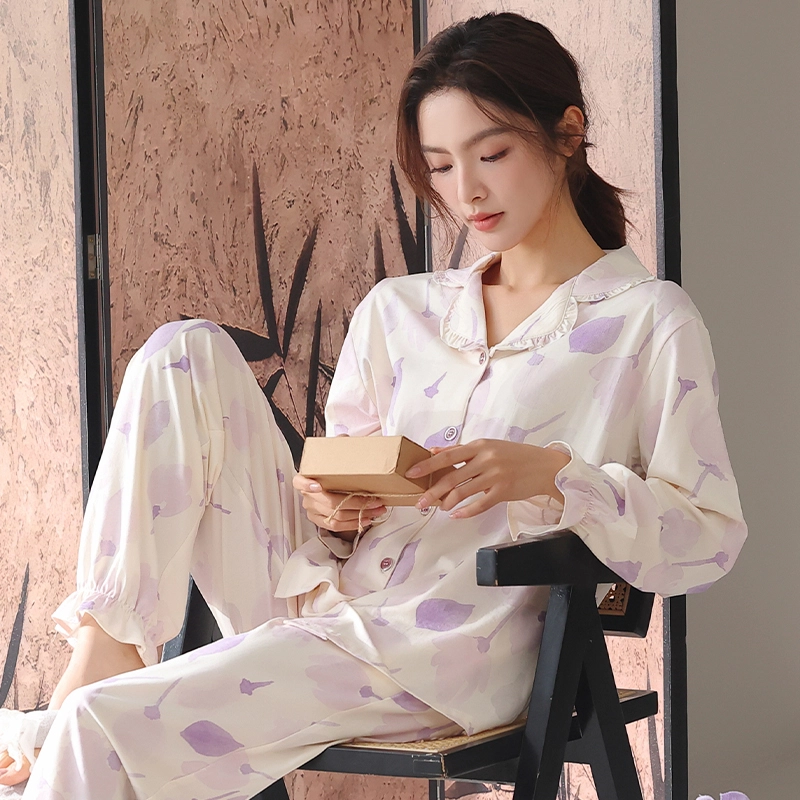 顶瓜瓜 国风长袖长裤休闲舒适花瓣家居服睡衣套装 女款